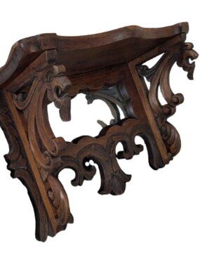 Antique Renaissance Revival Hand-Carved Wooden Wall Shelf/Mirror